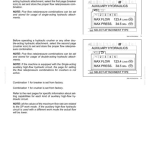 May include: A manual page detailing auxiliary hydraulic settings. The display shows flow rate and pressure options, with a maximum flow of 123.4 L/min and a maximum pressure of 34.5 MPa. Instructions are provided for setting the flow rate and pressure.
