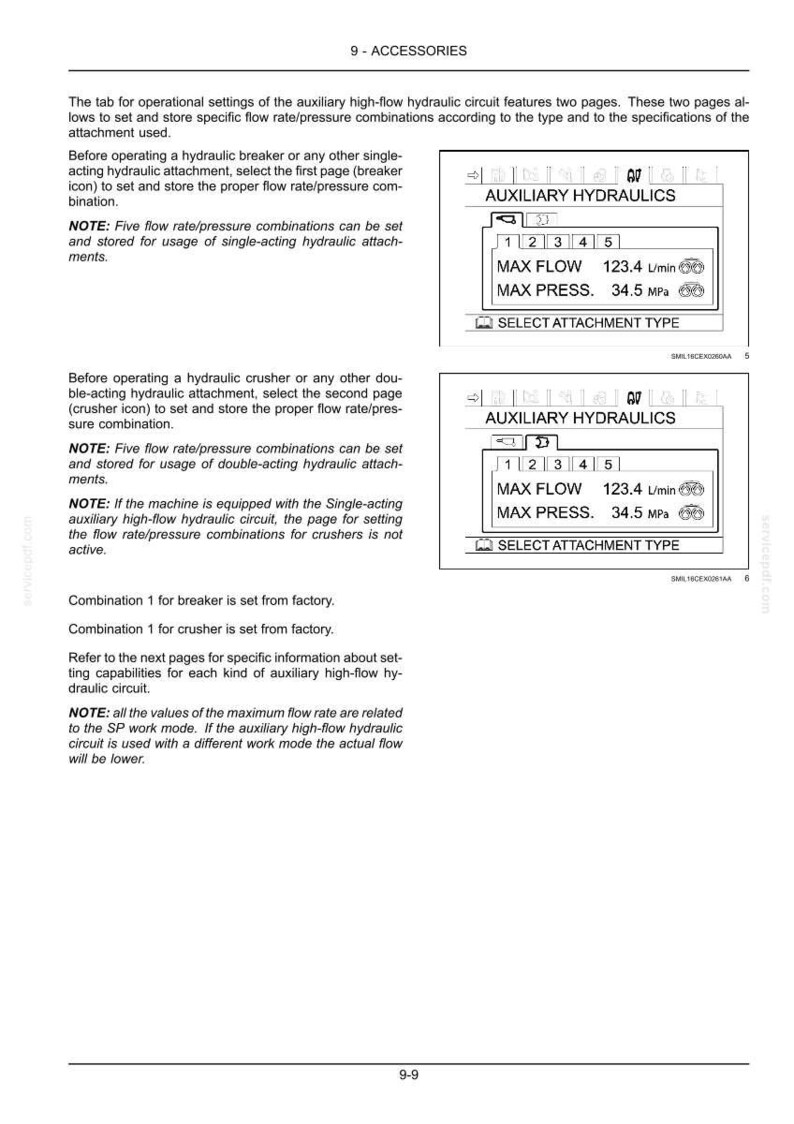 May include: A manual page detailing auxiliary hydraulic settings. The display shows flow rate and pressure options, with a maximum flow of 123.4 L/min and a maximum pressure of 34.5 MPa. Instructions are provided for setting the flow rate and pressure.