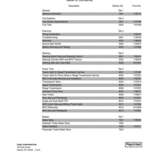 K&ouml;nnte beinhalten: Schwarz-wei&szlig; Inhaltsverzeichnis eines Servicehandbuchs f&uuml;r Traktoren der Serien 7200 Pro und 8900. Das Handbuch enth&auml;lt Abschnitte zu Kraftstoffsystemen, Elektrik, Lenkung, Antriebsstrang und Bremsen.