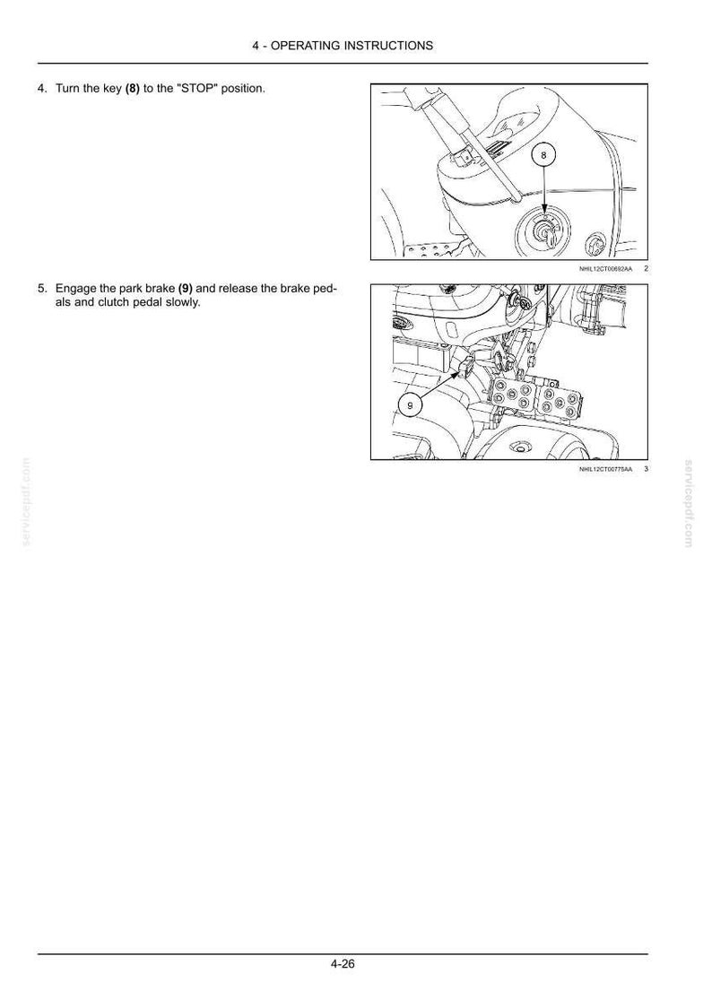 Puede incluir: Una p&aacute;gina de manual t&eacute;cnico en blanco y negro titulada 4 - OPERATING INSTRUCTIONS. Incluye dos dibujos lineales que muestran la llave de encendido de un veh&iacute;culo etiquetada como 8 y una palanca de freno de mano etiquetada como 9, con instrucciones.