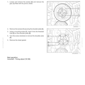 May include: Diagram of a camshaft gear removal process, with detailed illustrations and numbered steps. The image includes close-ups of gears, screws, and a shoulder plate, with labels for each component. Text instructions guide the user through the process.