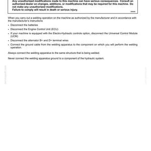 May include: A technical document page titled 2-SAFETY INFORMATION, Welding on the machine. It features a DANGER warning box stating improper operation can result in an accident, death, or serious injury. It lists instructions for disconnecting batteries, ECU, UCM, and alternator wires before welding.