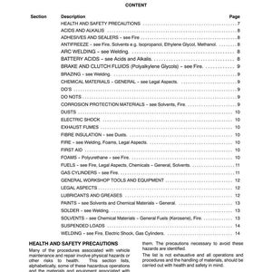 May include: A page from a manual titled "Health and Safety" with a table of contents. The table lists various safety topics, including "Acids and Alkalis," "Fire," and "Electric Shock." The page number is 7.