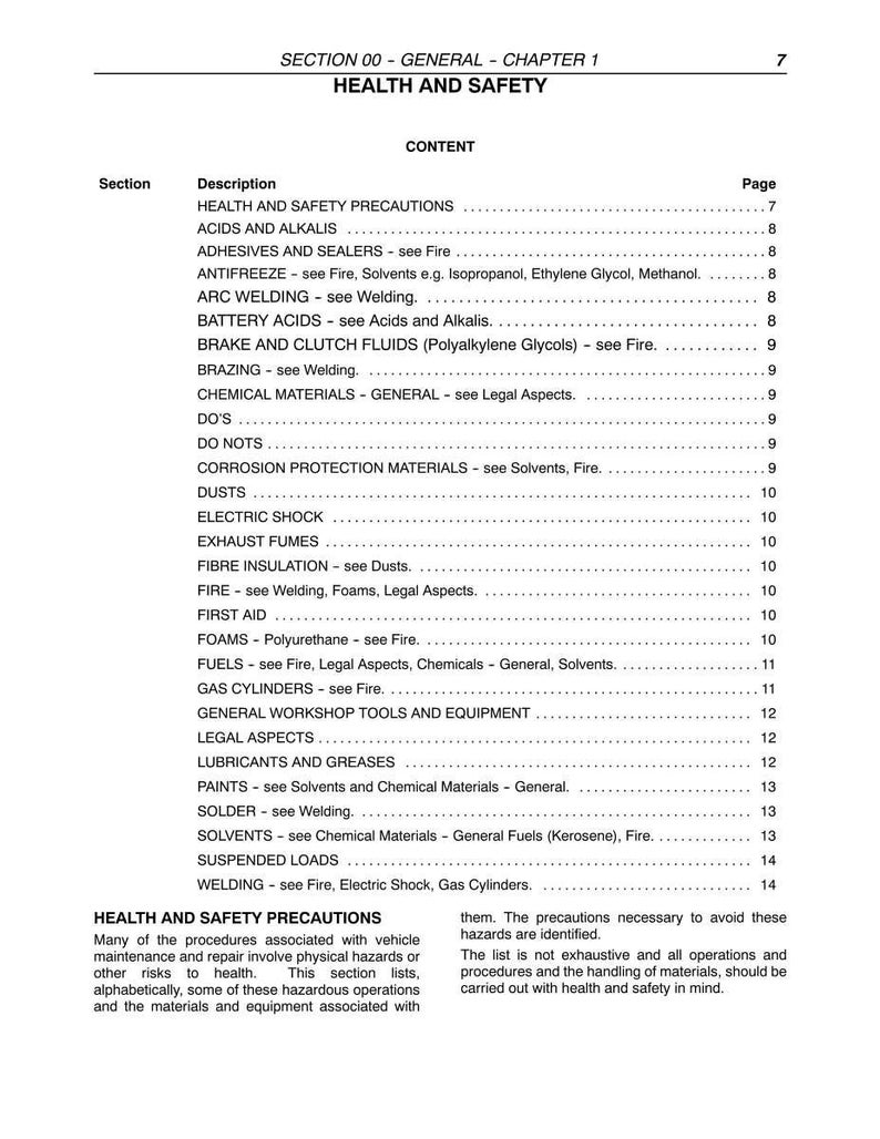 May include: A page from a manual titled "Health and Safety" with a table of contents. The table lists various safety topics, including "Acids and Alkalis," "Fire," and "Electric Shock." The page number is 7.