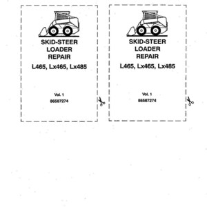 Peut inclure: Un document blanc pr&eacute;sentant deux &eacute;tiquettes rectangulaires identiques entour&eacute;es de lignes pointill&eacute;es et d'ic&ocirc;nes de ciseaux. Chaque &eacute;tiquette affiche un dessin au trait noir d'un chargeur compact, le texte SKID-STEER LOADER REPAIR, L465, Lx465, Lx485, Vol. 1 et 86587274.