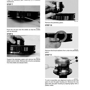 May include: A page from a manual detailing the disassembly and assembly of a planetary gear assembly. The steps are illustrated with close-up photos and include text instructions. The manual is printed in black and white.