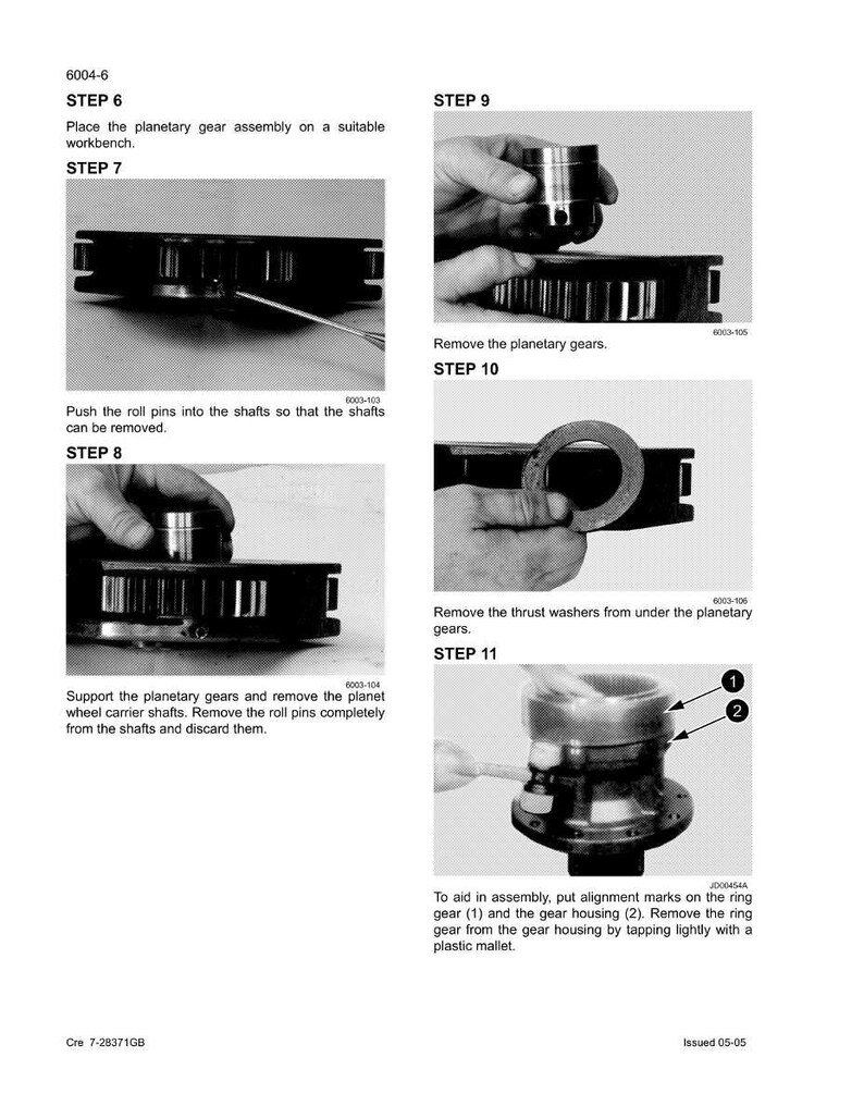 May include: A page from a manual detailing the disassembly and assembly of a planetary gear assembly. The steps are illustrated with close-up photos and include text instructions. The manual is printed in black and white.