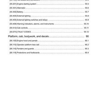May include: A detailed technical document with a white background, listing various tractor system components. Sections include transmission control, engine starting, external lighting, and cab controls. The document also lists fault codes and platform, cab, bodywork, and decals.