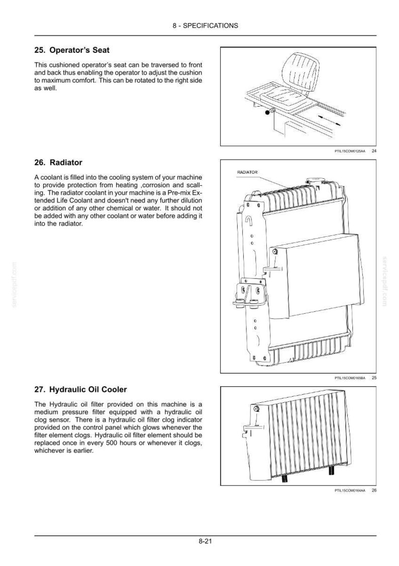Puede incluir: Diagrama de componentes de maquinaria, que incluye un asiento del operador, un radiador y un enfriador de aceite hidr&aacute;ulico. El radiador es un componente met&aacute;lico rectangular. El asiento del operador est&aacute; acolchado.