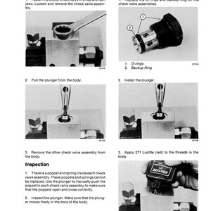 May include: A technical diagram with instructions for disassembling and assembling a check valve. The steps include removing parts, replacing O-rings, and applying Loctite. The image is in black and white.