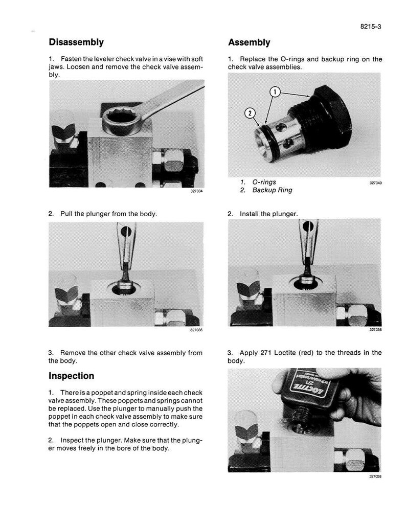 May include: A technical diagram with instructions for disassembling and assembling a check valve. The steps include removing parts, replacing O-rings, and applying Loctite. The image is in black and white.