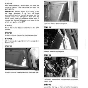 May include: Diagram of a remote control valve removal process. The image includes step-by-step instructions with accompanying photographs. Text includes steps for parking, opening panels, and disconnecting electrical connectors.