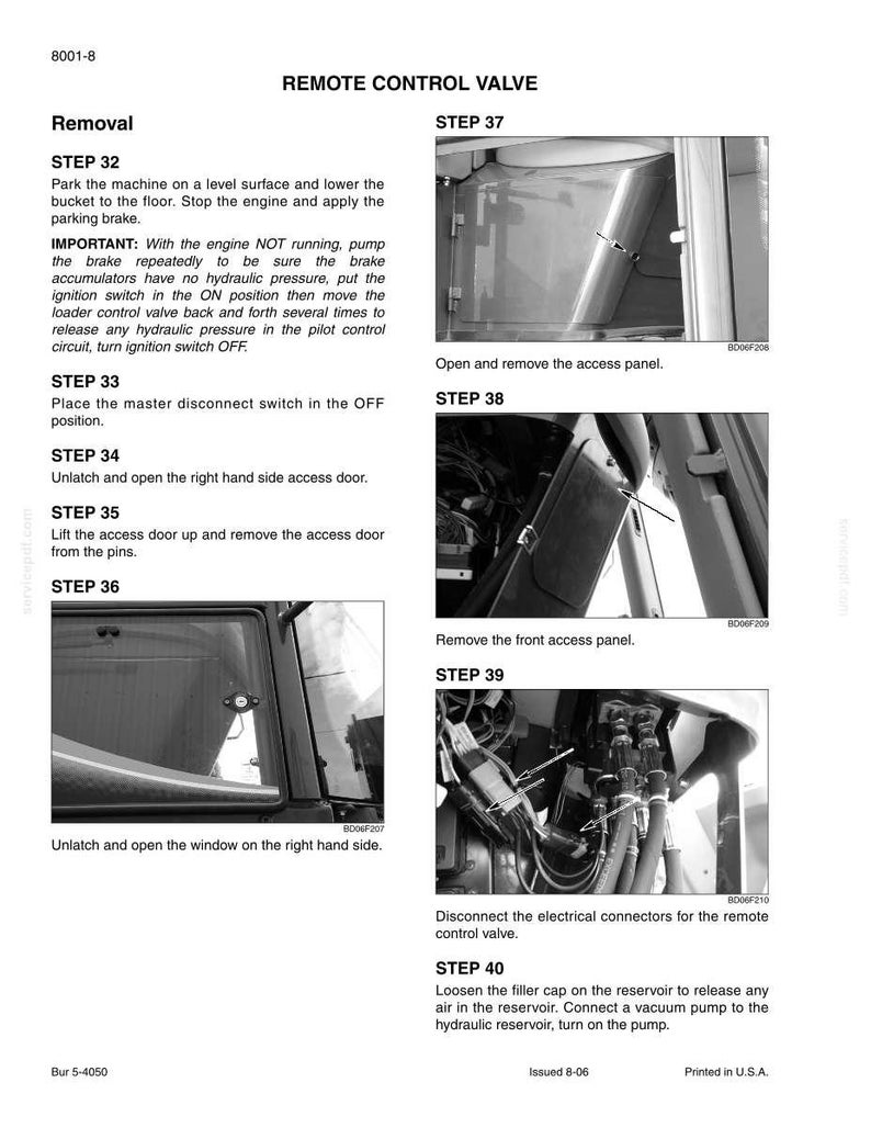 May include: Diagram of a remote control valve removal process. The image includes step-by-step instructions with accompanying photographs. Text includes steps for parking, opening panels, and disconnecting electrical connectors.