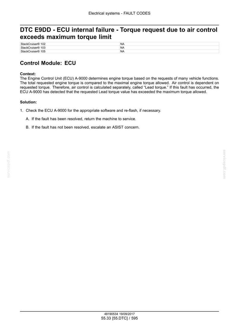May include: A document detailing fault codes for electrical systems. The text includes "DTC E9DD - ECU internal failure - Torque request due to air control exceeds maximum torque limit." It provides context and a solution for the issue.