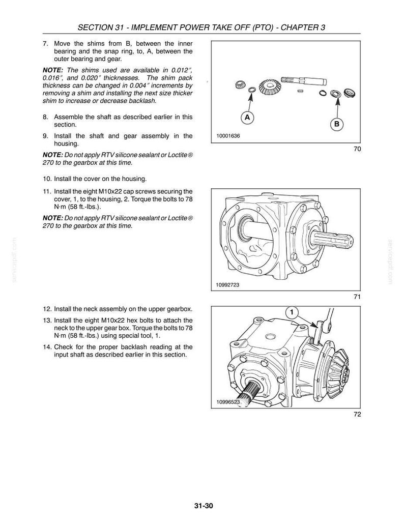 May include: A technical manual page titled SECTION 31 - IMPLEMENT POWER TAKE OFF (PTO) - CHAPTER 3, featuring three black and white diagrams of mechanical gearbox components, shafts, gears, and assembly instructions with numbered steps and text.