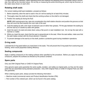 May include: A page from an instruction manual with the title "Basic instructions - Shop and assembly." The text details procedures for shimming, rotating shaft seals, O-ring seals, sealing compounds, and spare parts, including part ordering information.