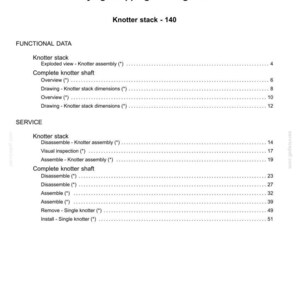 May include: A white document titled "Contents" with a table of contents for "Tying/Wrapping/Twisting - 68" and "Knotter stack - 140." The document includes sections on functional data and service, with page numbers.