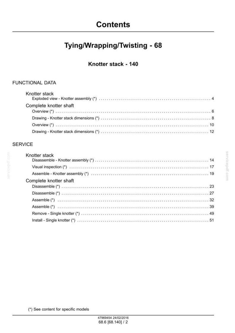May include: A white document titled "Contents" with a table of contents for "Tying/Wrapping/Twisting - 68" and "Knotter stack - 140." The document includes sections on functional data and service, with page numbers.