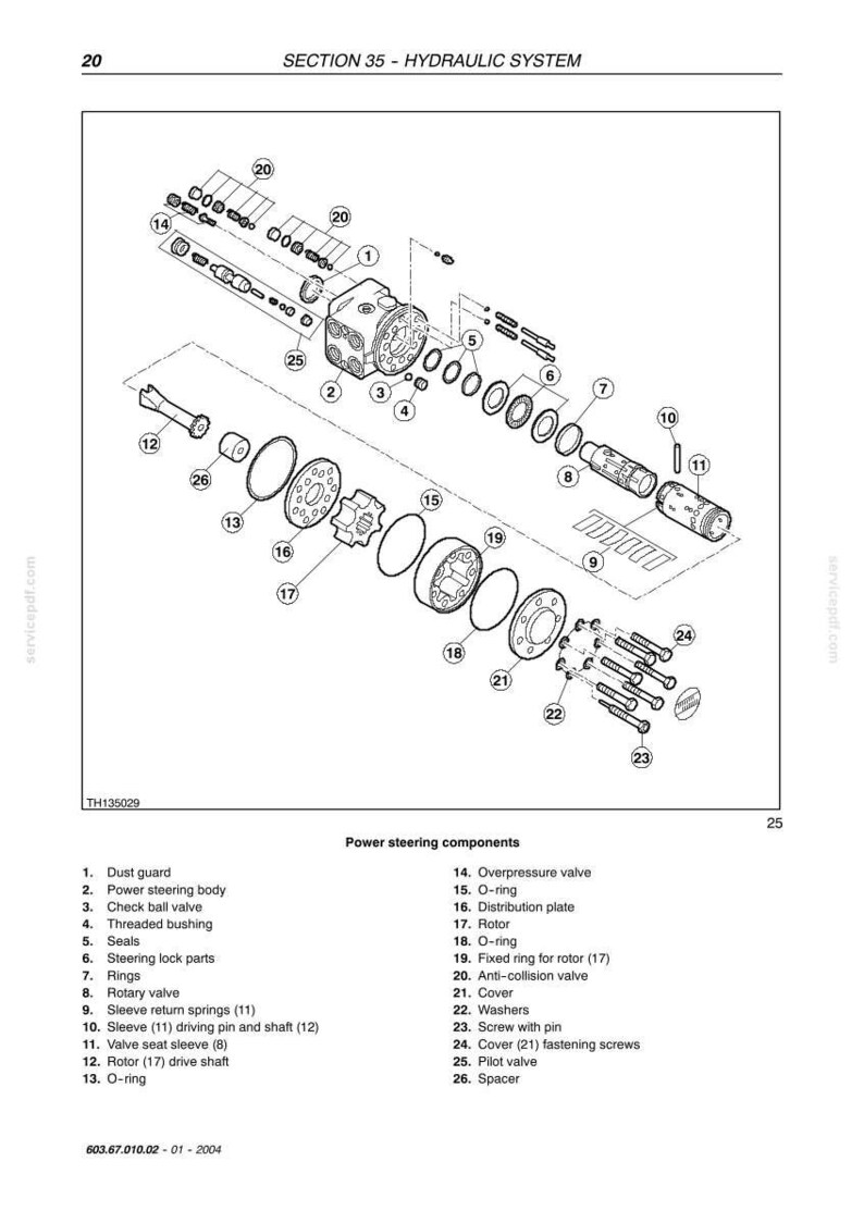 May include: Diagram of a hydraulic system with labeled components. Includes a power steering body, valves, rings, and other parts. Text at the top reads "SECTION 35 - HYDRAULIC SYSTEM".