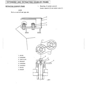 K&ouml;nnte beinhalten: Ein technisches Diagramm mit dem Titel Extending and Retracting Crawler Frame, das Anweisungen zur mechanischen Montage zeigt. Es enth&auml;lt nummerierte Teile: Abdeckung, Schraube, Sicherungsblech, Halterung, Feder und Distanzst&uuml;ck.