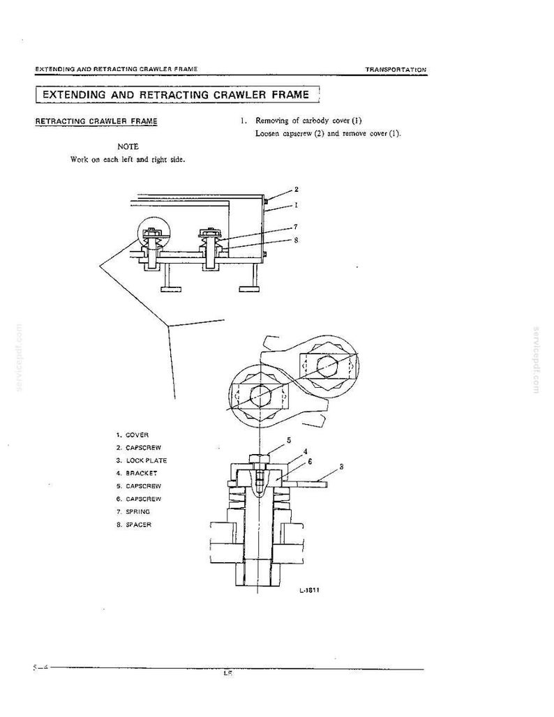 K&ouml;nnte beinhalten: Ein technisches Diagramm mit dem Titel Extending and Retracting Crawler Frame, das Anweisungen zur mechanischen Montage zeigt. Es enth&auml;lt nummerierte Teile: Abdeckung, Schraube, Sicherungsblech, Halterung, Feder und Distanzst&uuml;ck.