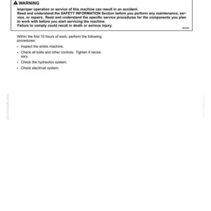 May include: A white page from a manual titled "7 - MAINTENANCE". The text includes a warning about improper service and a list of procedures to perform within the first 10 hours of operation.