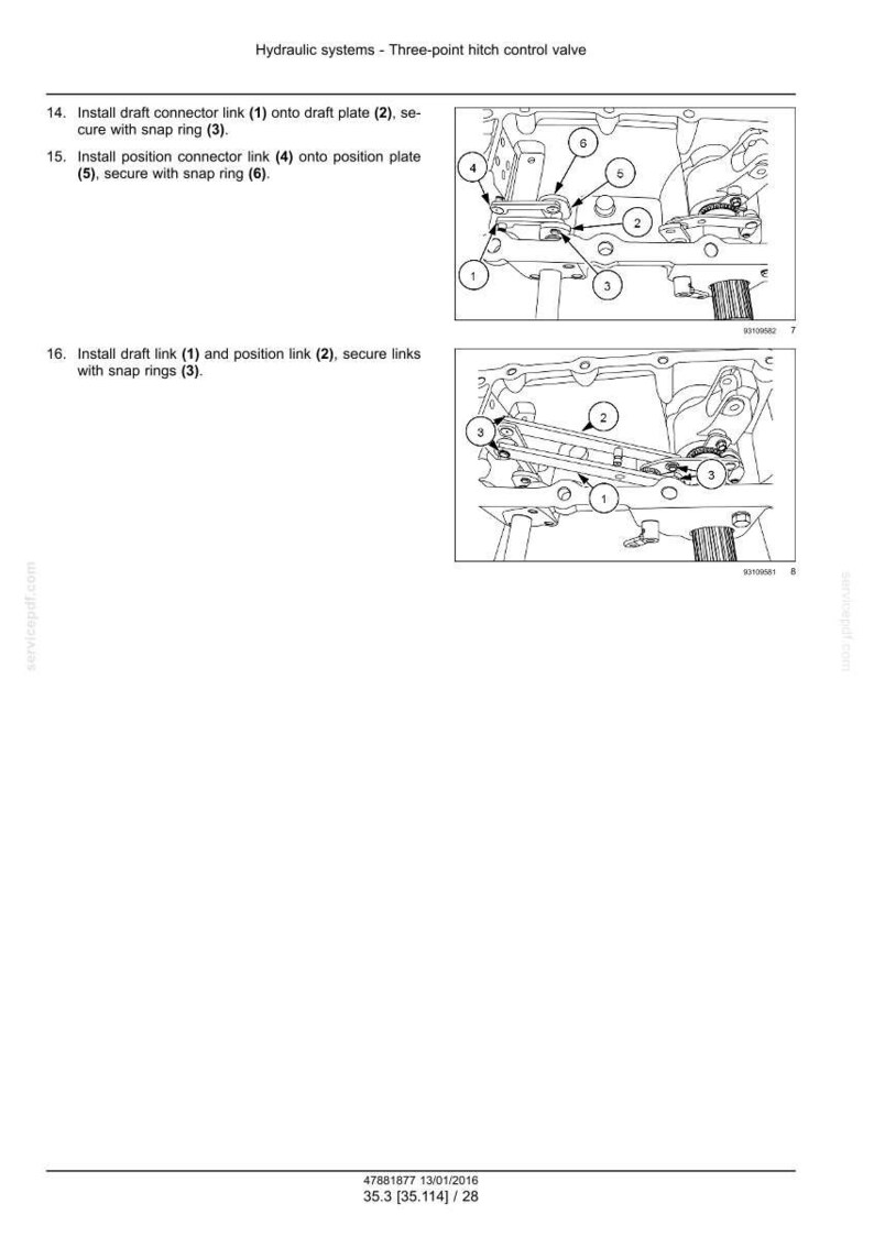 Pu&ograve; includere: Schema della valvola di controllo del sollevatore a tre punti di un sistema idraulico. L'immagine include illustrazioni dettagliate di collegamenti connettori, piastre di trazione e anelli elastici, con componenti numerati per le istruzioni di montaggio. Il testo in alto recita "Hydraulic systems - Three-point hitch control valve."