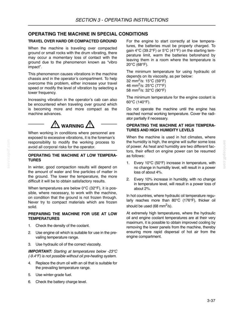 May include: A technical document page titled SECTION 3 - OPERATING INSTRUCTIONS, detailing procedures for operating machinery in special conditions, including low temperatures, high temperatures, and high humidity levels with specific temperature data.