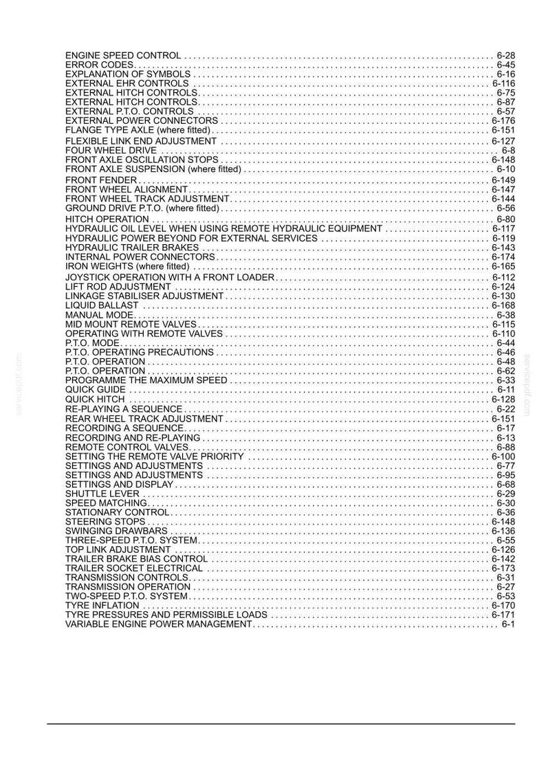 Peut inclure: Une page de document technique en noir et blanc pr&eacute;sentant un index d&eacute;taill&eacute; des syst&egrave;mes m&eacute;caniques et des sujets d'utilisation de tracteur, incluant le contr&ocirc;le de vitesse moteur, les syst&egrave;mes hydrauliques et les commandes de transmission.