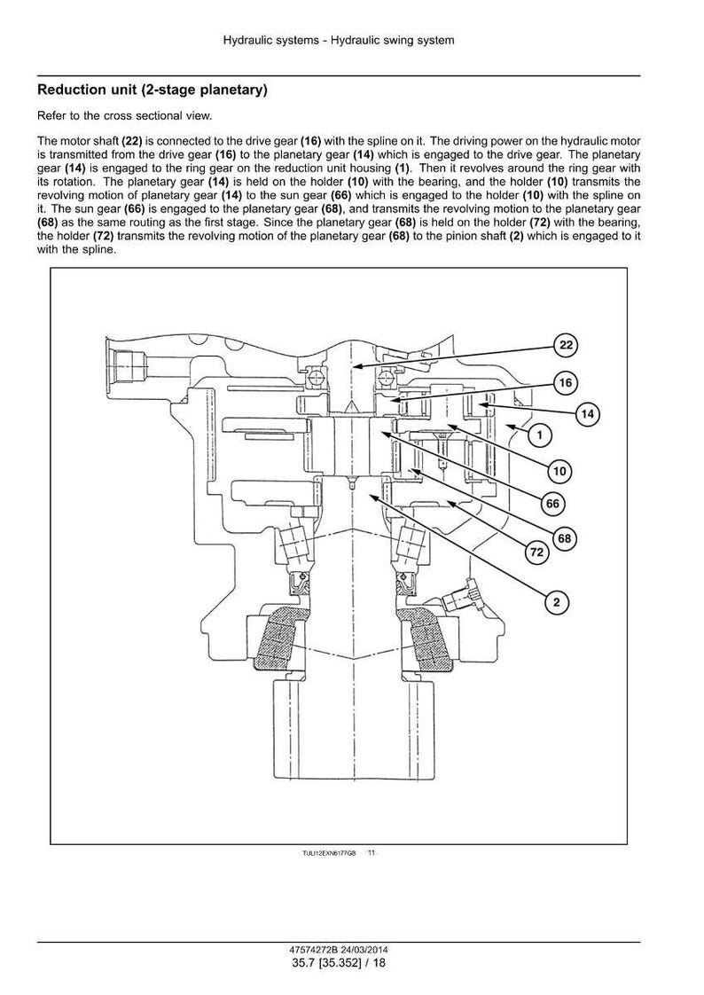 May include: Diagram of a hydraulic swing system's reduction unit, labeled "Reduction unit (2-stage planetary)". The diagram shows the internal components, including gears, shafts, and housings, with numbered callouts for each part. Text at the top reads "Hydraulic systems - Hydraulic swing system".