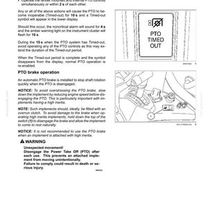 May include: A technical manual page titled 6-WORKING OPERATIONS detailing PTO brake procedures. It includes a diagram of a PTO TIMED OUT warning symbol and a line drawing of a tractor control console with a numbered switch labeled 1.