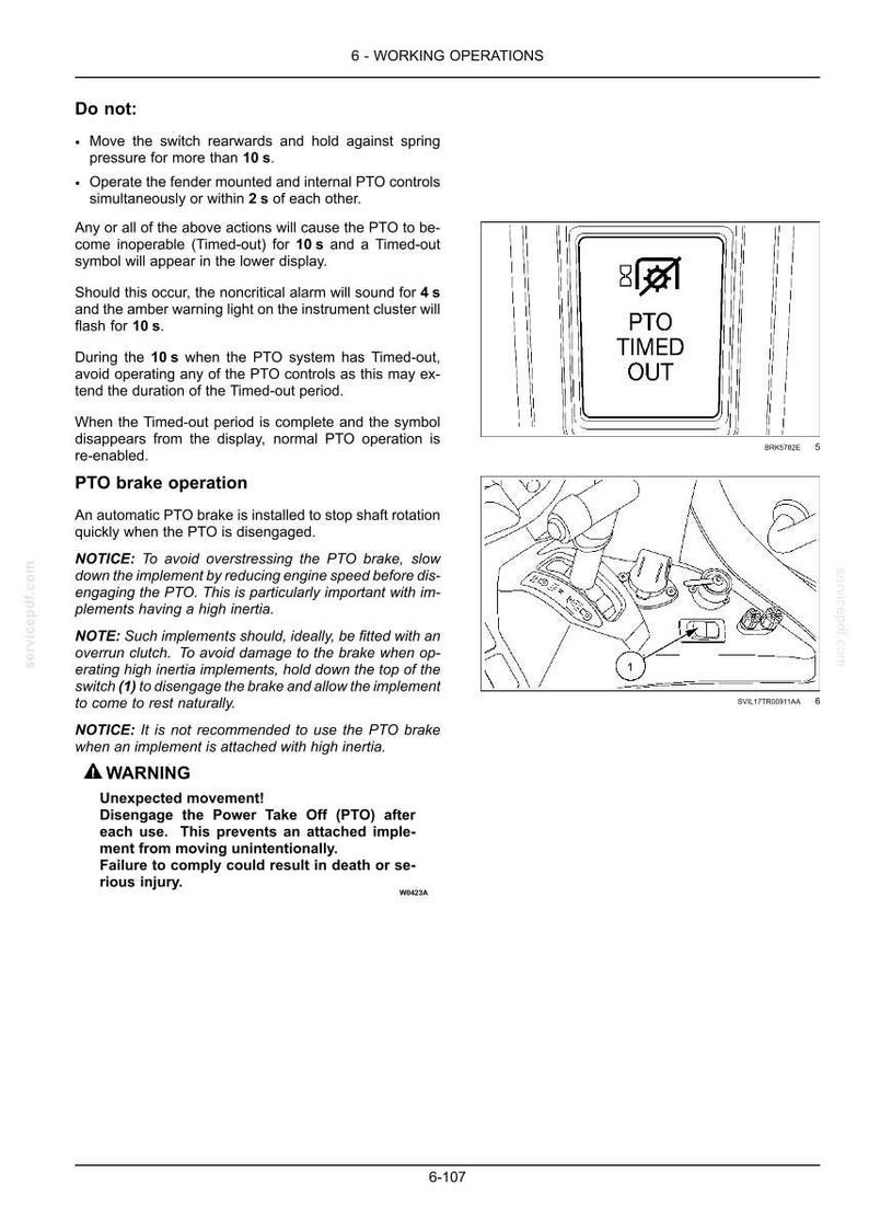 May include: A technical manual page titled 6-WORKING OPERATIONS detailing PTO brake procedures. It includes a diagram of a PTO TIMED OUT warning symbol and a line drawing of a tractor control console with a numbered switch labeled 1.