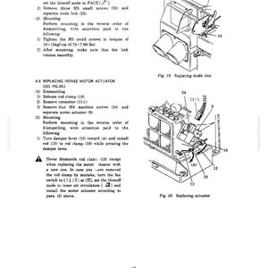 May include: A technical service manual page featuring two black and white line drawings labeled Fig. 19 and Fig. 20. The diagrams illustrate the mechanical replacement of a mode link and an intake motor actuator, including numbered parts.