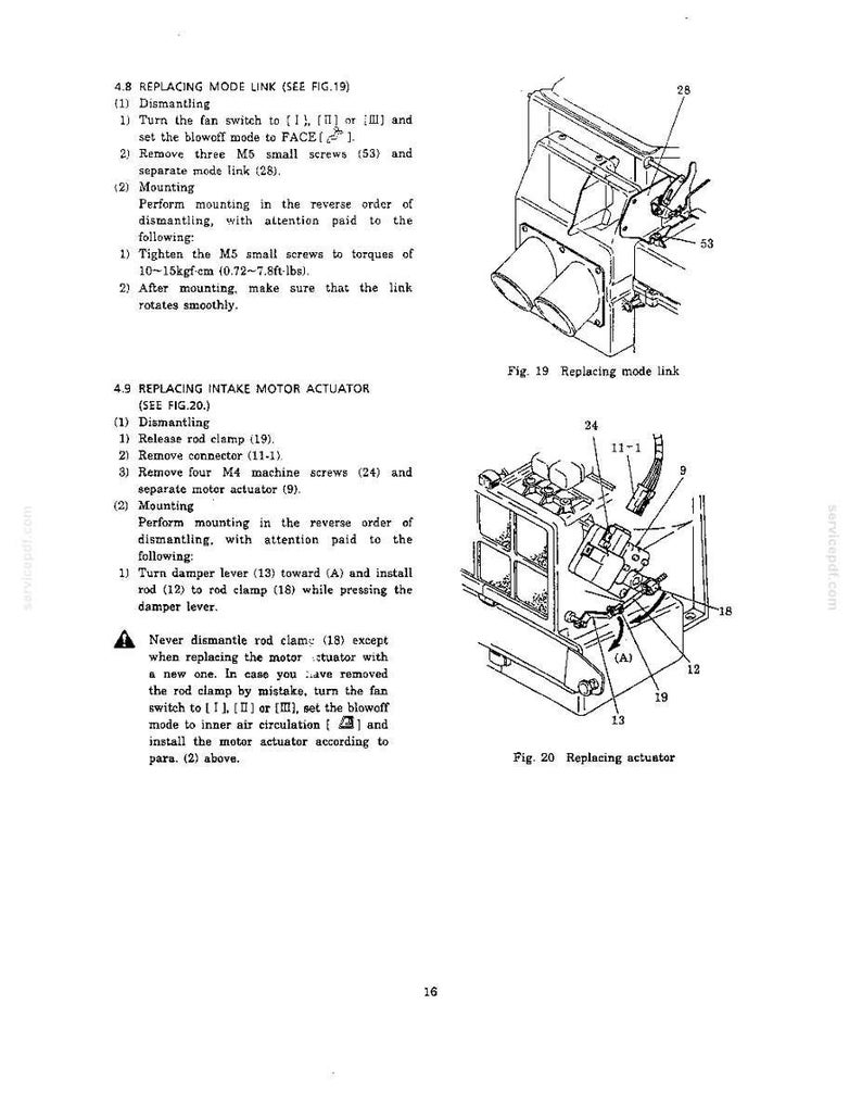 May include: A technical service manual page featuring two black and white line drawings labeled Fig. 19 and Fig. 20. The diagrams illustrate the mechanical replacement of a mode link and an intake motor actuator, including numbered parts.