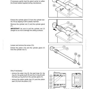 Op de afbeelding: Een pagina uit een technisch handboek getiteld Section 35 - Hydraulic System, met zwart-wit lijntekeningen van een hydraulische cilinderconstructie. De diagrammen illustreren het demontageproces met genummerde onderdelen, waaronder de cilinderstang, pakkingbus, zuiger en diverse afdichtingsringen, vergezeld van instructieve tekst.