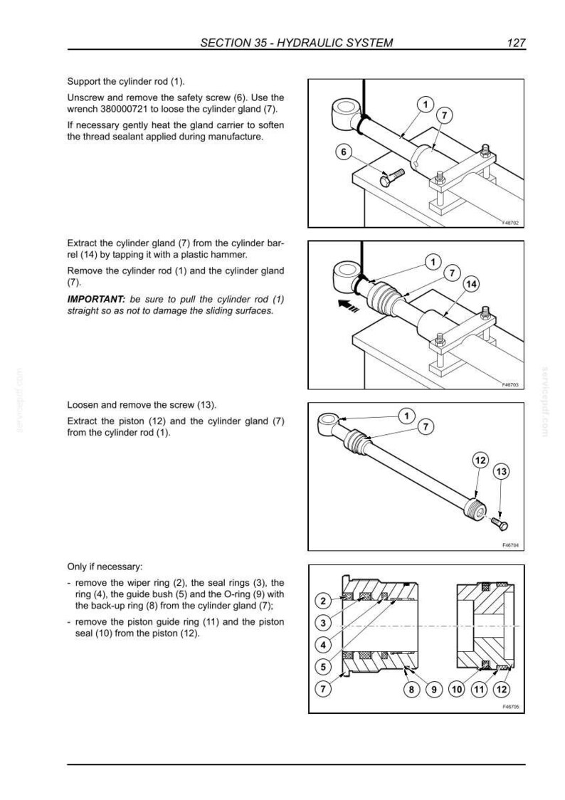 Op de afbeelding: Een pagina uit een technisch handboek getiteld Section 35 - Hydraulic System, met zwart-wit lijntekeningen van een hydraulische cilinderconstructie. De diagrammen illustreren het demontageproces met genummerde onderdelen, waaronder de cilinderstang, pakkingbus, zuiger en diverse afdichtingsringen, vergezeld van instructieve tekst.