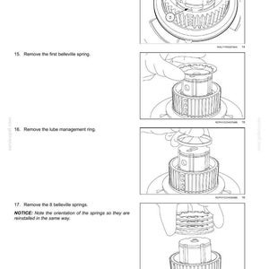 May include: Diagram of a Power Take-Off (PTO) system, illustrating the removal of components. Includes steps for removing belleville springs and retaining rings. Text instructions and part numbers are included. The image is in black and white.
