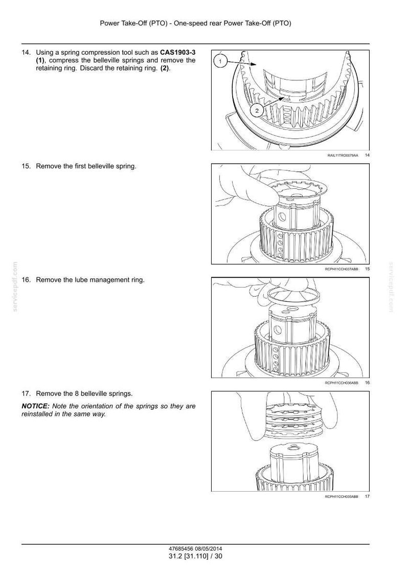 May include: Diagram of a Power Take-Off (PTO) system, illustrating the removal of components. Includes steps for removing belleville springs and retaining rings. Text instructions and part numbers are included. The image is in black and white.
