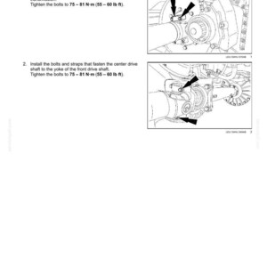 May include: Diagram illustrating the installation of a center drive shaft in a four-wheel drive system. Instructions include tightening bolts to 55-60 lb ft. The image includes detailed mechanical components and text instructions.