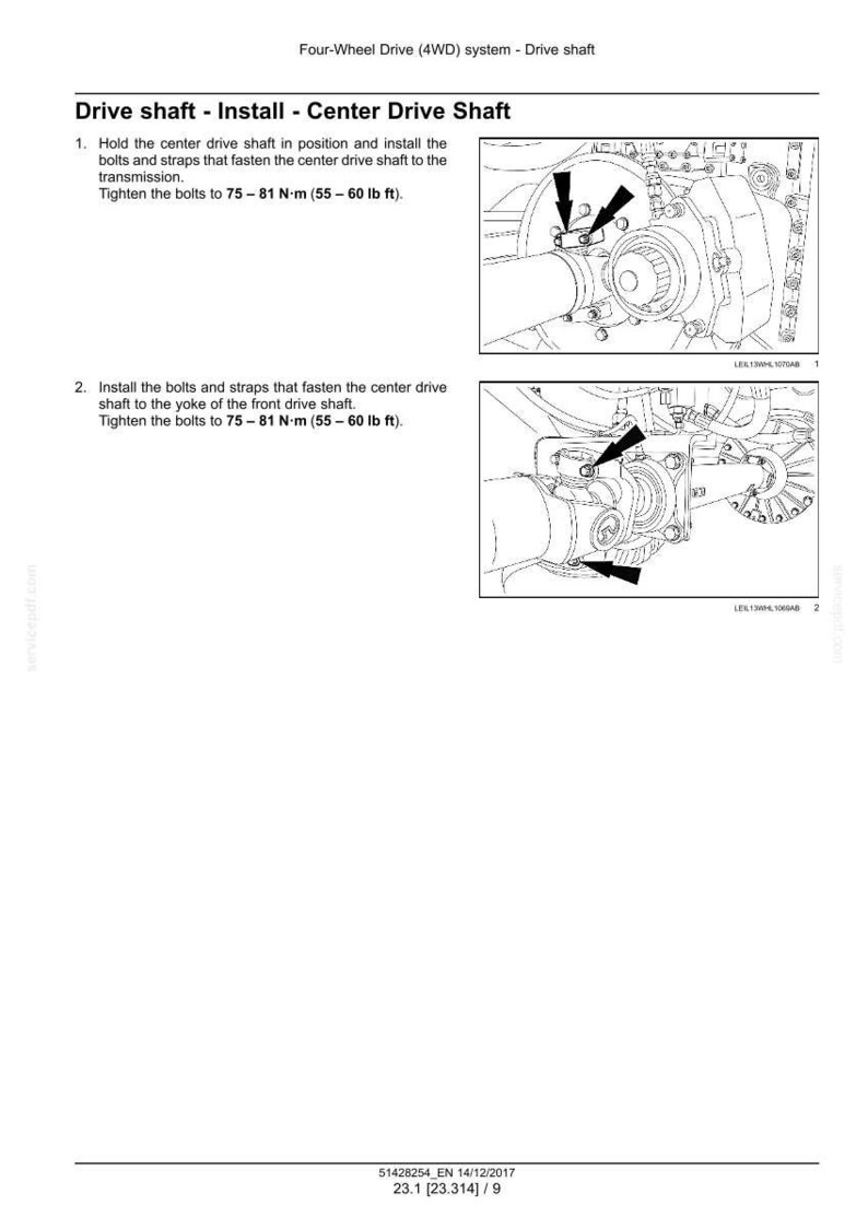 May include: Diagram illustrating the installation of a center drive shaft in a four-wheel drive system. Instructions include tightening bolts to 55-60 lb ft. The image includes detailed mechanical components and text instructions.