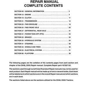 May include: A printed page from a DX48, DX55 Repair Manual. The title "REPAIR MANUAL COMPLETE CONTENTS" is at the top. Sections include Engine, Clutch, Transmission, and Brakes. The manual is for tractors and includes a part number.