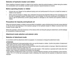 Pode incluir: Uma p&aacute;gina de documento t&eacute;cnico intitulada 9-ACCESSORIES detalhando a opera&ccedil;&atilde;o de um martelo hidr&aacute;ulico e nibbler. Inclui instru&ccedil;&otilde;es para sele&ccedil;&atilde;o, instala&ccedil;&atilde;o, precau&ccedil;&otilde;es com &oacute;leo hidr&aacute;ulico e sele&ccedil;&atilde;o de modo de fixa&ccedil;&atilde;o.