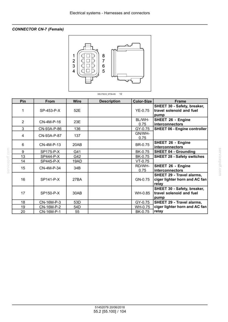 May include: Diagram of a CN-7 (Female) connector, detailing electrical systems, harnesses, and connectors. Includes a pin layout with numbers 1-8, and a table listing pin numbers, wire descriptions, color-size, and frame information.
