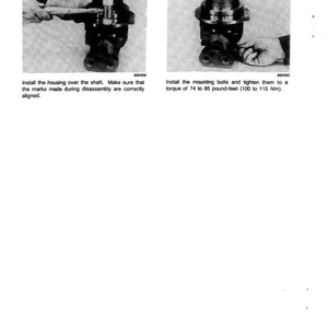 May include: Two black and white images from a manual showing mechanical assembly steps. Step 11 shows a person installing a housing over a shaft. Step 12 shows a person tightening mounting bolts. Text includes torque specifications.