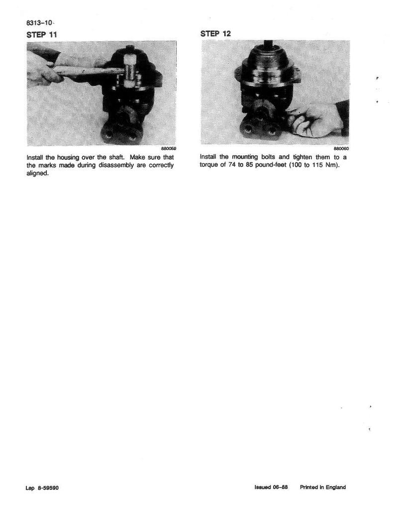 May include: Two black and white images from a manual showing mechanical assembly steps. Step 11 shows a person installing a housing over a shaft. Step 12 shows a person tightening mounting bolts. Text includes torque specifications.