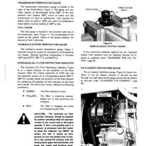 May include: A technical manual page for a Ford 7500 tractor featuring text descriptions and two black and white diagrams labeled Figure 8, Hydraulic System Oil Filter Indicator, and Figure 9, Air Cleaner Restriction Gauge, with technical instructions.