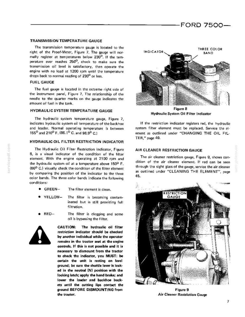 May include: A technical manual page for a Ford 7500 tractor featuring text descriptions and two black and white diagrams labeled Figure 8, Hydraulic System Oil Filter Indicator, and Figure 9, Air Cleaner Restriction Gauge, with technical instructions.