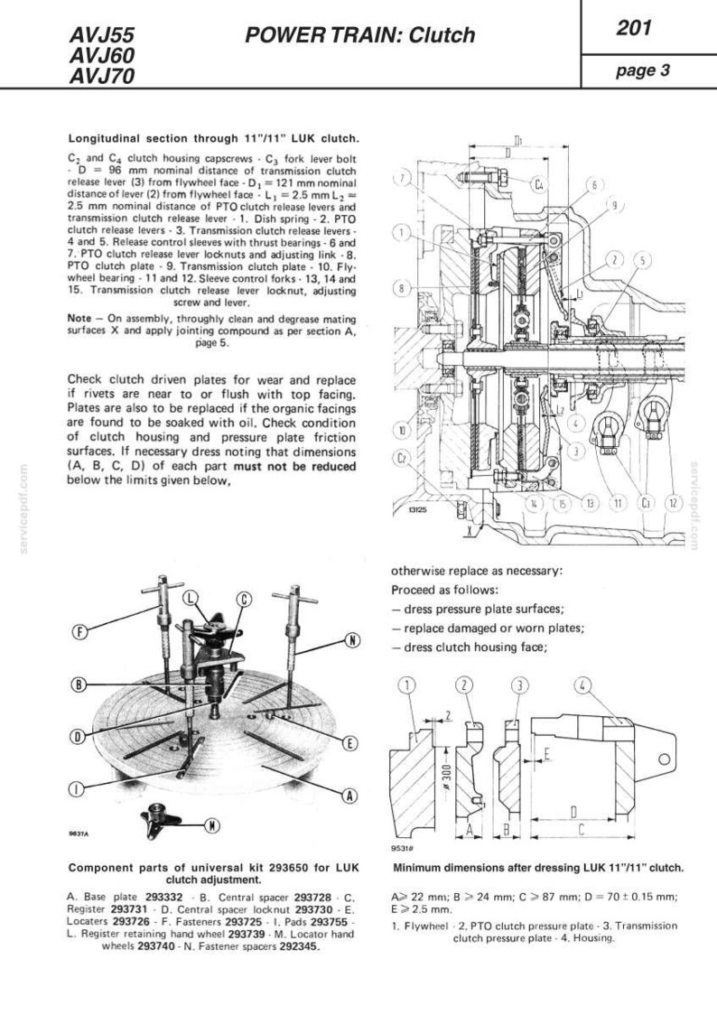 May include: Diagram of a clutch assembly with labels and measurements. The image includes a detailed illustration of the clutch components, with annotations and a parts list. Text includes "POWER TRAIN: Clutch" and "LUK clutch adjustment".