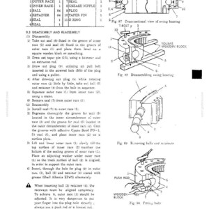 May include: A technical document page titled 9.2 CONSTRUCTION featuring a table of parts for a swing bearing, including an outer race, inner race, balls, and seals. It includes diagrams labeled Fig. 87, 88, 89, and 90 showing assembly and disassembly.
