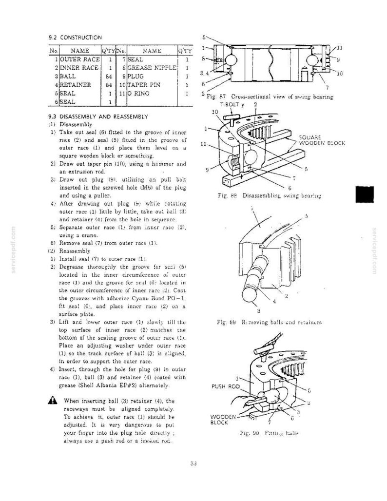 May include: A technical document page titled 9.2 CONSTRUCTION featuring a table of parts for a swing bearing, including an outer race, inner race, balls, and seals. It includes diagrams labeled Fig. 87, 88, 89, and 90 showing assembly and disassembly.